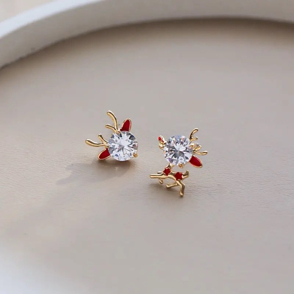 NEW Gold Tone White Crystal Christmas Rudolf Reindeer Mismatched Stud Earrings